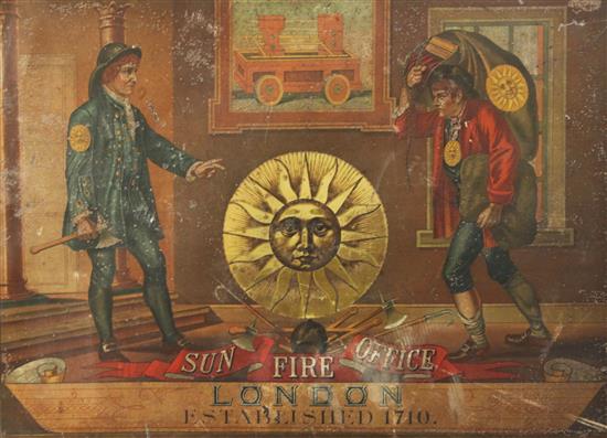 A 19th century Sun Fire Office London printed tin advertising sign 53 x 73cm